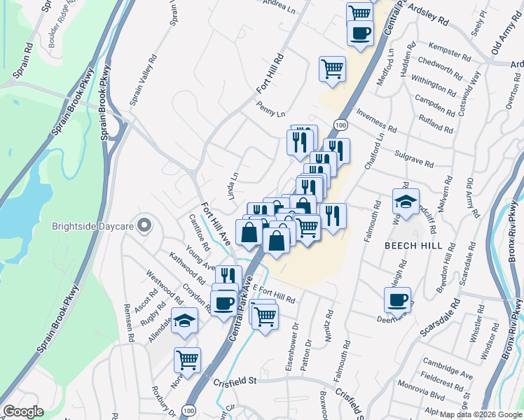 map of restaurants, bars, coffee shops, grocery stores, and more near 40 Morrow Avenue in Scarsdale