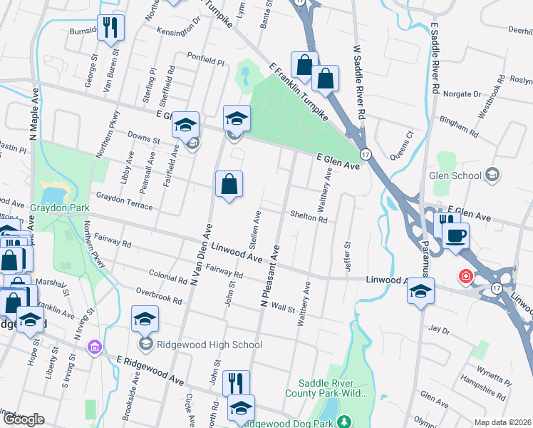 map of restaurants, bars, coffee shops, grocery stores, and more near 241 Steilen Avenue in Ridgewood