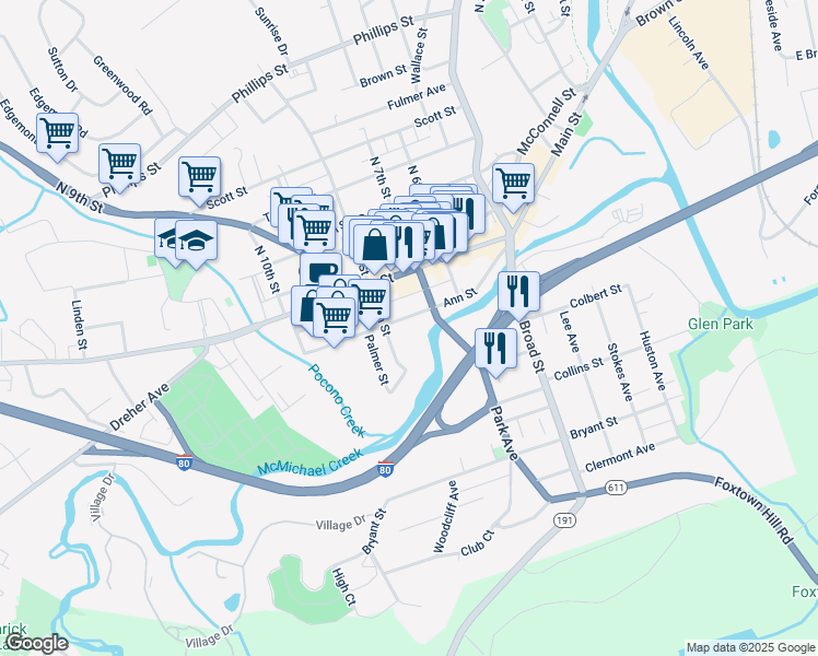 map of restaurants, bars, coffee shops, grocery stores, and more near 731 Ann Street in Stroudsburg