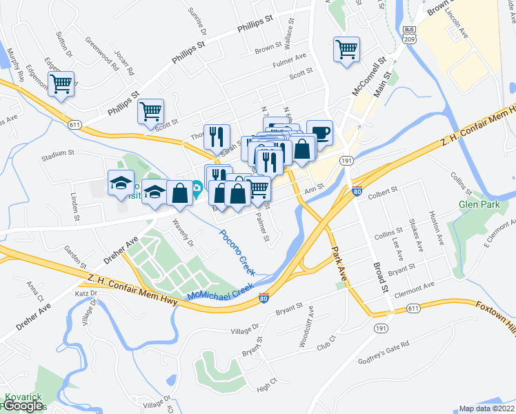 map of restaurants, bars, coffee shops, grocery stores, and more near 812 Ann Street in Stroudsburg