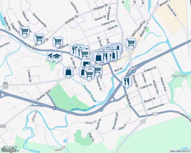 map of restaurants, bars, coffee shops, grocery stores, and more near 816 Ann Street in Stroudsburg