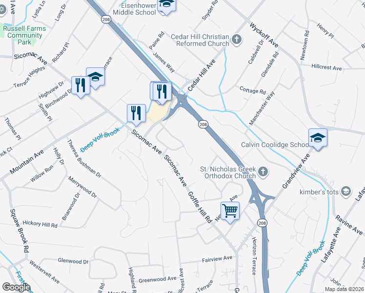 map of restaurants, bars, coffee shops, grocery stores, and more near 133 Brewster Road in Wyckoff