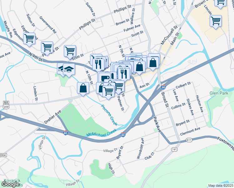 map of restaurants, bars, coffee shops, grocery stores, and more near 816 Ann Street in Stroudsburg