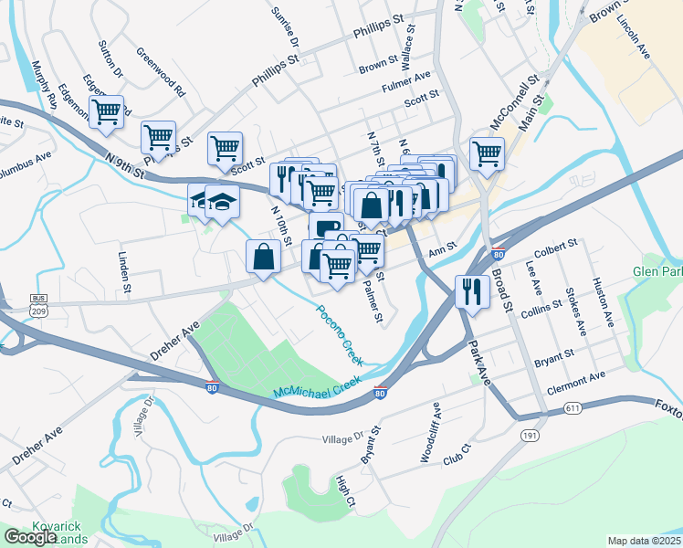map of restaurants, bars, coffee shops, grocery stores, and more near 825 Ann Street in Stroudsburg