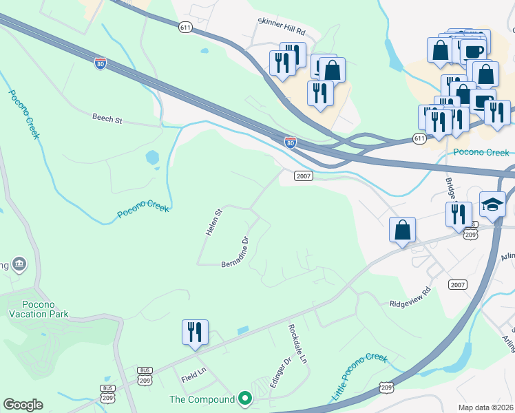 map of restaurants, bars, coffee shops, grocery stores, and more near 1105 Francis Lane in Stroudsburg