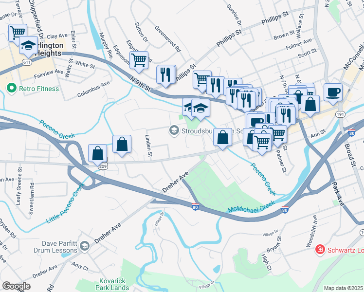 map of restaurants, bars, coffee shops, grocery stores, and more near 1100 West Main Street in Stroudsburg