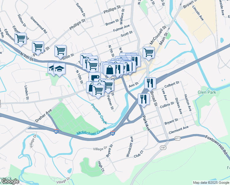 map of restaurants, bars, coffee shops, grocery stores, and more near 741 Ann Street in Stroudsburg