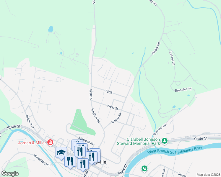 map of restaurants, bars, coffee shops, grocery stores, and more near 190 Mary Ln in Curwensville