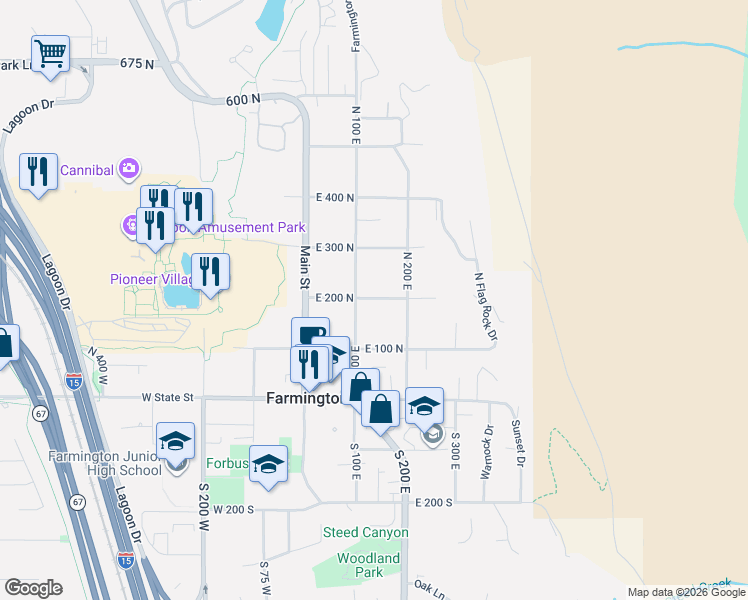 map of restaurants, bars, coffee shops, grocery stores, and more near 162 North 100 East in Farmington