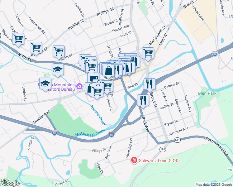 map of restaurants, bars, coffee shops, grocery stores, and more near 126-138 South 8th Street in Stroudsburg