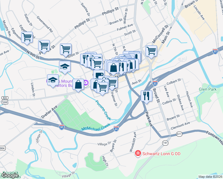 map of restaurants, bars, coffee shops, grocery stores, and more near 825 Ann Street in Stroudsburg