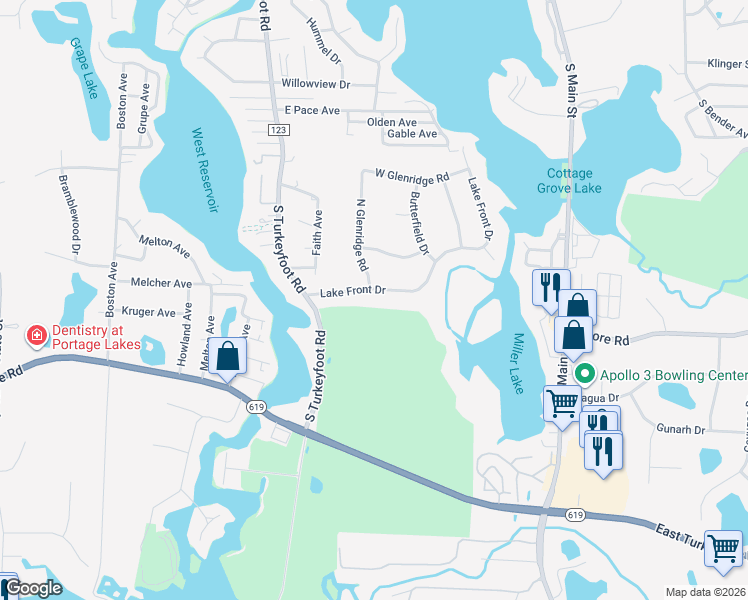 map of restaurants, bars, coffee shops, grocery stores, and more near 236 Lake Front Drive in Akron
