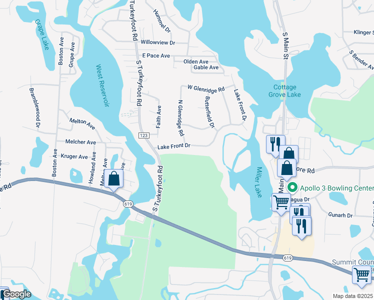 map of restaurants, bars, coffee shops, grocery stores, and more near 236 Lake Front Drive in Akron