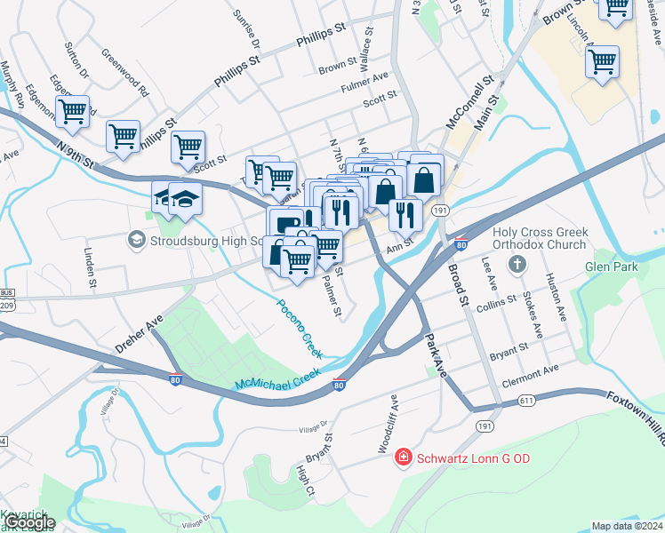 map of restaurants, bars, coffee shops, grocery stores, and more near 23 South 8th Street in Stroudsburg