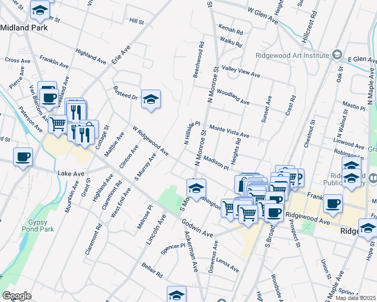 map of restaurants, bars, coffee shops, grocery stores, and more near 36 North Hillside Place in Ridgewood