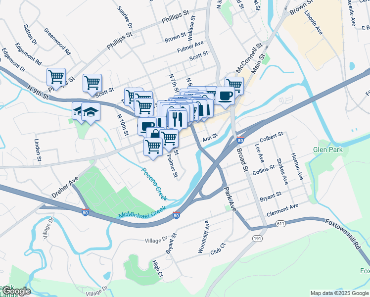 map of restaurants, bars, coffee shops, grocery stores, and more near 731 Ann Street in Stroudsburg