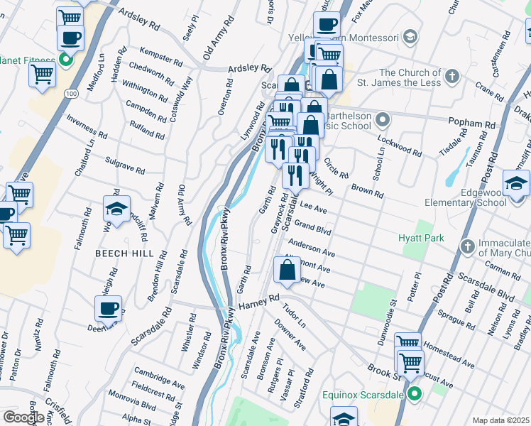 map of restaurants, bars, coffee shops, grocery stores, and more near 155 Garth Road in Scarsdale