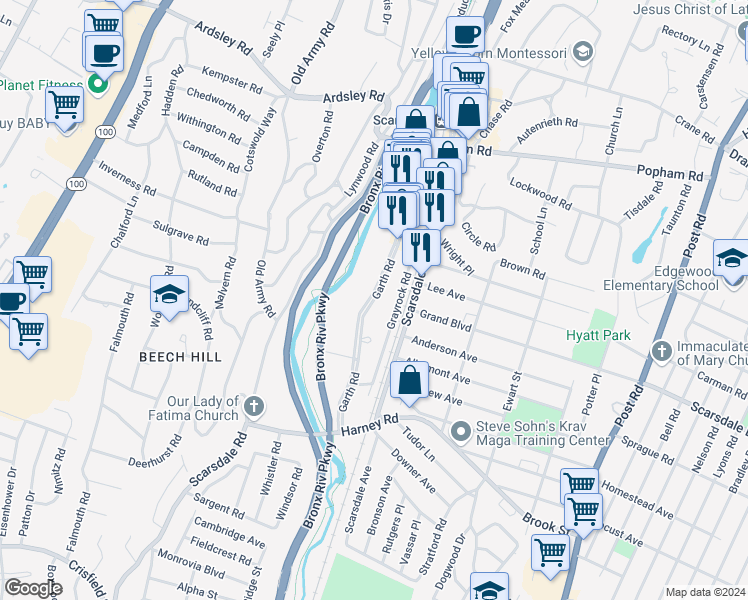 map of restaurants, bars, coffee shops, grocery stores, and more near 155 Garth Road in Scarsdale