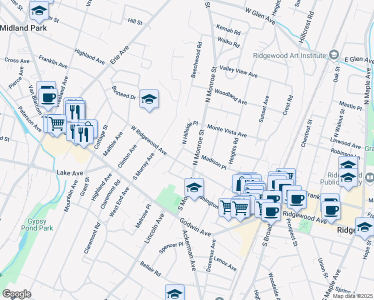 map of restaurants, bars, coffee shops, grocery stores, and more near 36 North Hillside Place in Ridgewood