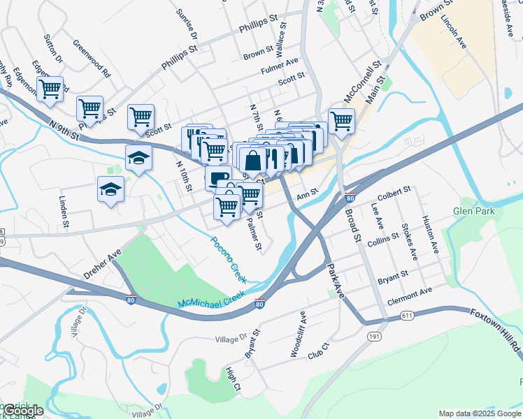 map of restaurants, bars, coffee shops, grocery stores, and more near 701 Main Street in Stroudsburg