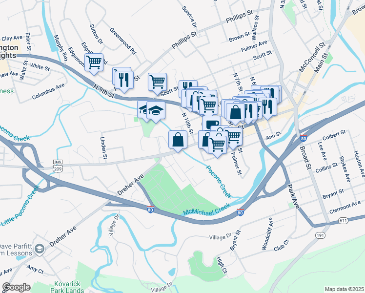 map of restaurants, bars, coffee shops, grocery stores, and more near 1012 Main Street in Stroudsburg
