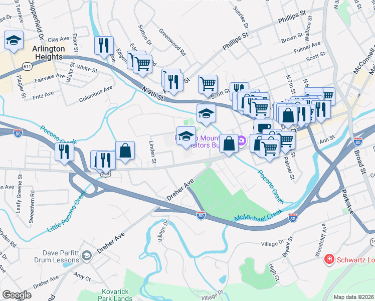 map of restaurants, bars, coffee shops, grocery stores, and more near 1100 U.S. 209 Business in Stroudsburg