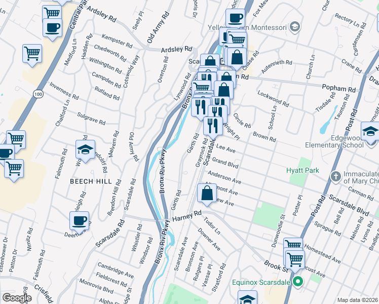 map of restaurants, bars, coffee shops, grocery stores, and more near 155 Garth Road in Scarsdale