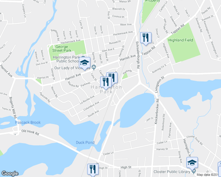 map of restaurants, bars, coffee shops, grocery stores, and more near 98 La Roche Avenue in Harrington Park