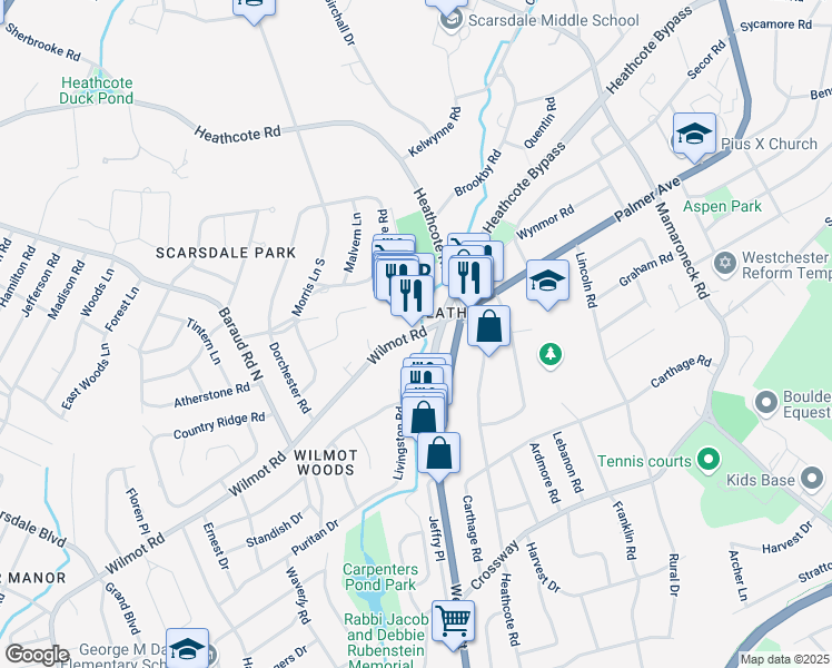 map of restaurants, bars, coffee shops, grocery stores, and more near 1142 Wilmot Road in Scarsdale