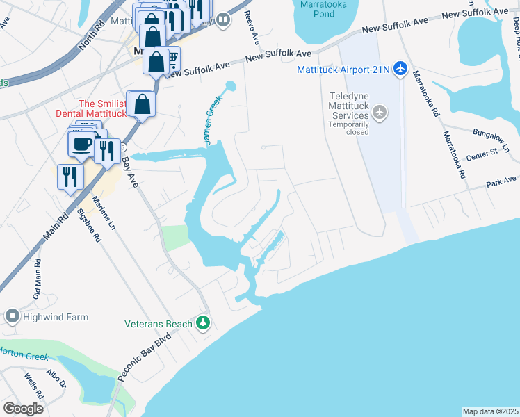 map of restaurants, bars, coffee shops, grocery stores, and more near 4340 Ole Jule Lane in Mattituck