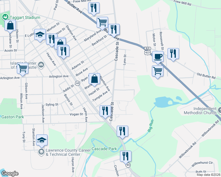 map of restaurants, bars, coffee shops, grocery stores, and more near 1010 Hazel Street in New Castle