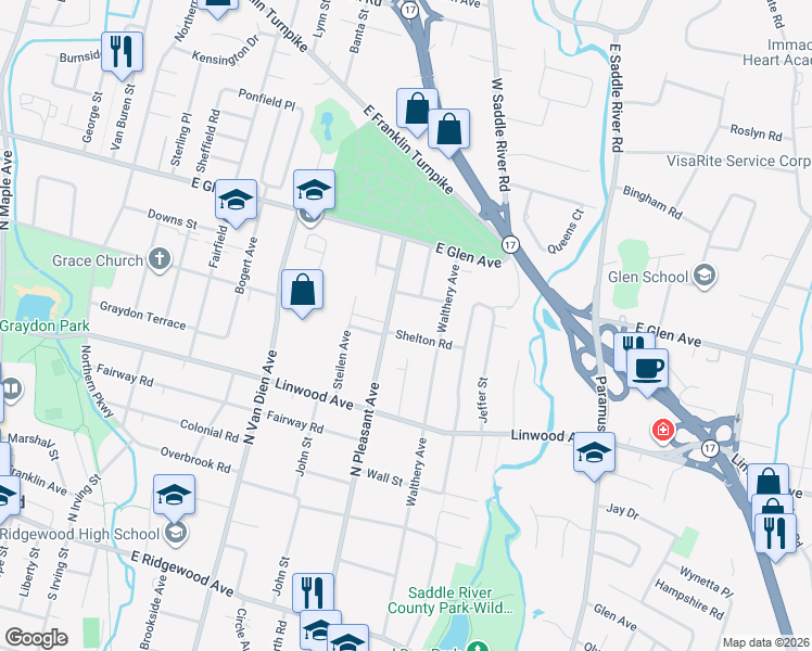 map of restaurants, bars, coffee shops, grocery stores, and more near 331 North Pleasant Avenue in Ridgewood