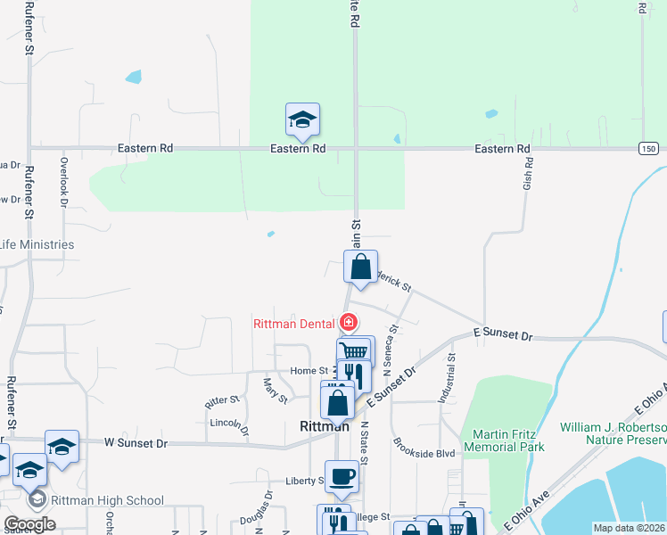 map of restaurants, bars, coffee shops, grocery stores, and more near 3 McElwee Court in Rittman