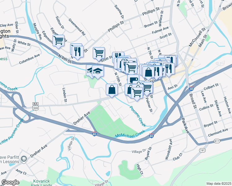 map of restaurants, bars, coffee shops, grocery stores, and more near 1012 Main Street in Stroudsburg