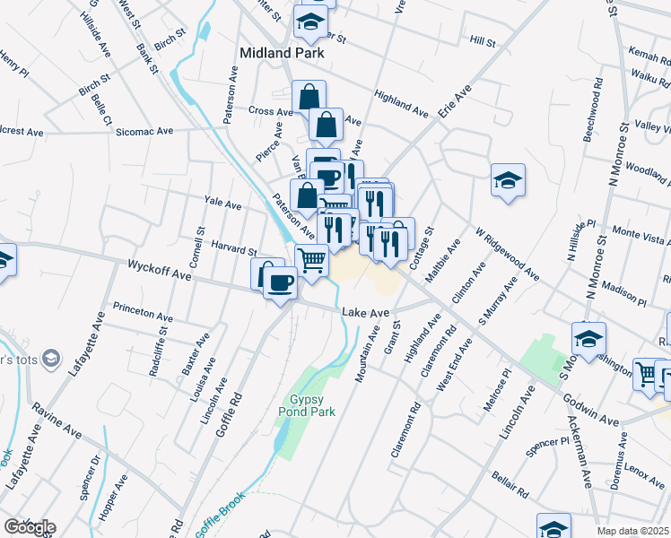map of restaurants, bars, coffee shops, grocery stores, and more near 85 Godwin Avenue in Midland Park