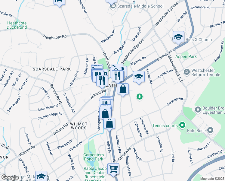 map of restaurants, bars, coffee shops, grocery stores, and more near 1142 Wilmot Road in Scarsdale