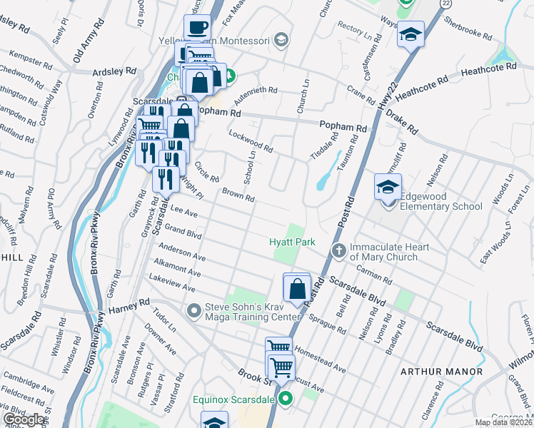 map of restaurants, bars, coffee shops, grocery stores, and more near 117 Brown Road in Scarsdale