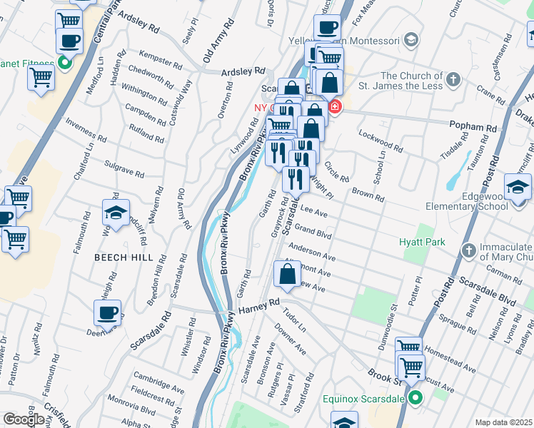 map of restaurants, bars, coffee shops, grocery stores, and more near in Eastchester