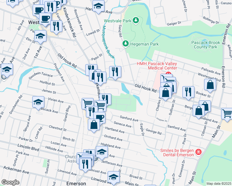 map of restaurants, bars, coffee shops, grocery stores, and more near 40 Crest Street in Westwood