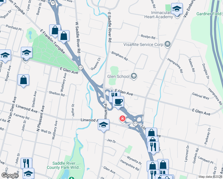 map of restaurants, bars, coffee shops, grocery stores, and more near 789 795 East Glen Avenue in Ridgewood