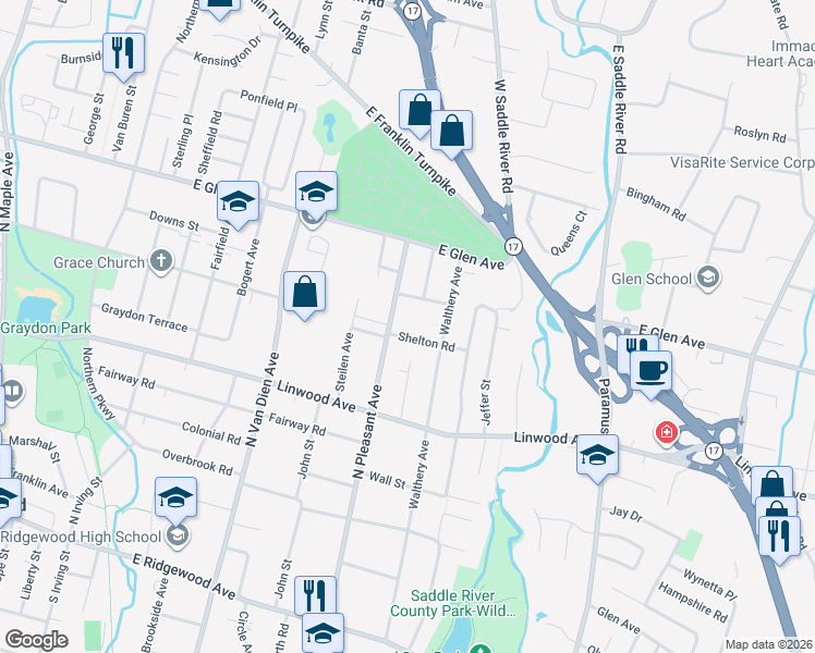 map of restaurants, bars, coffee shops, grocery stores, and more near 331 North Pleasant Avenue in Ridgewood