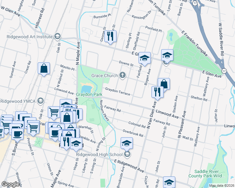 map of restaurants, bars, coffee shops, grocery stores, and more near 323 Graydon Terrace in Ridgewood