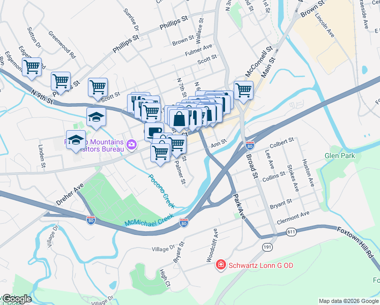 map of restaurants, bars, coffee shops, grocery stores, and more near 701 Main Street in Stroudsburg
