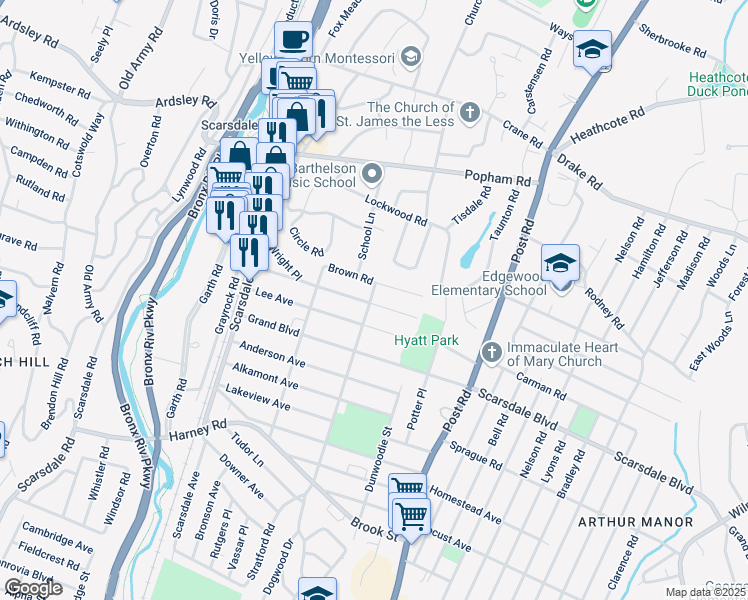 map of restaurants, bars, coffee shops, grocery stores, and more near 102 Brown Road in Scarsdale