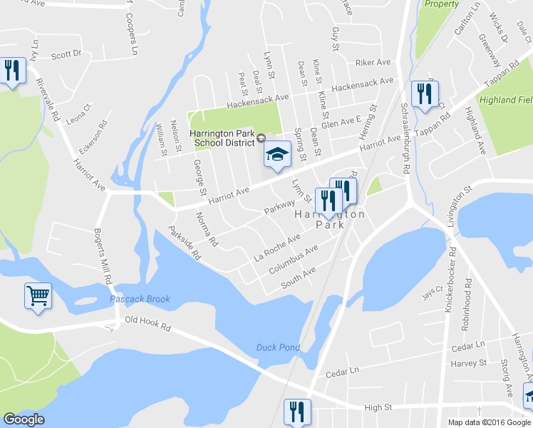 map of restaurants, bars, coffee shops, grocery stores, and more near 100 Martha Road in Harrington Park
