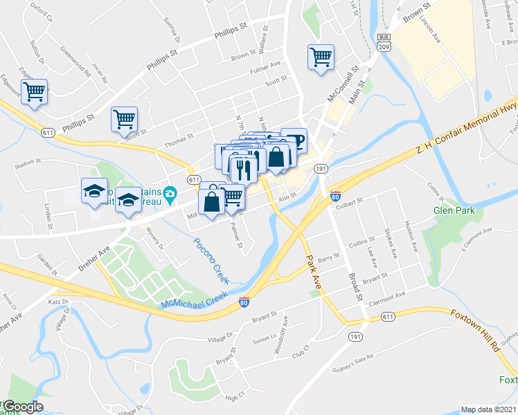 map of restaurants, bars, coffee shops, grocery stores, and more near Ann Street in Stroudsburg