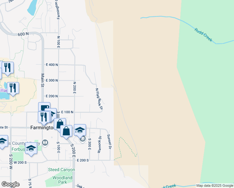 map of restaurants, bars, coffee shops, grocery stores, and more near Firebreak Road in Farmington