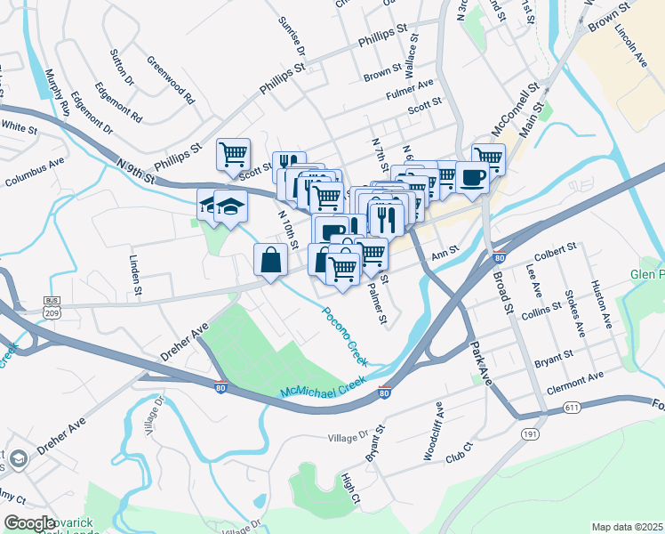 map of restaurants, bars, coffee shops, grocery stores, and more near 903 Main Street in Stroudsburg