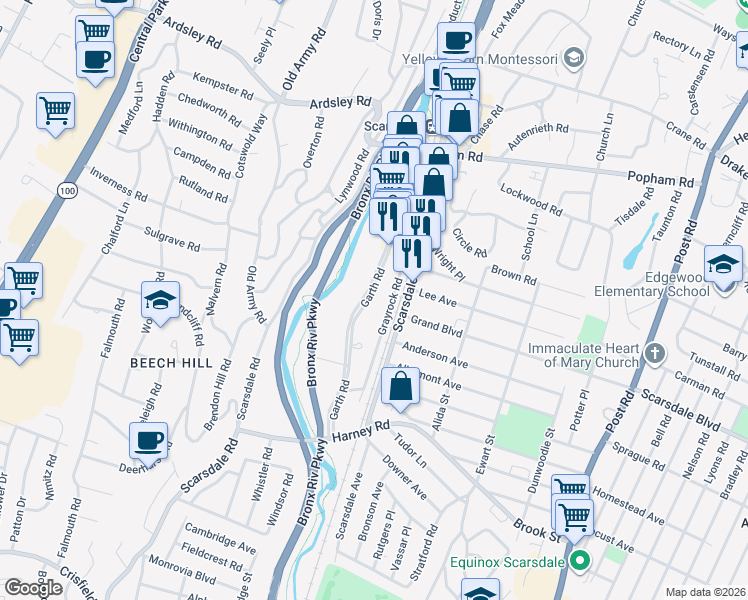 map of restaurants, bars, coffee shops, grocery stores, and more near 174 Garth Road in Scarsdale