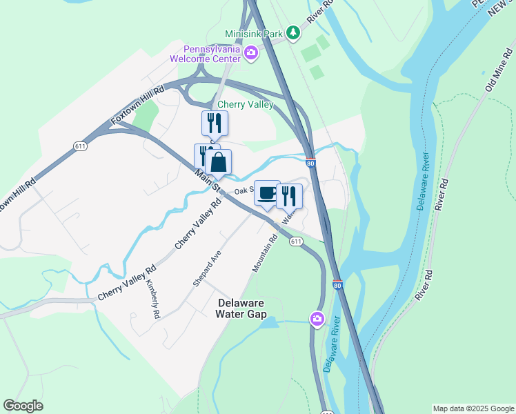 map of restaurants, bars, coffee shops, grocery stores, and more near 62 Pennsylvania 611 in Delaware Water Gap